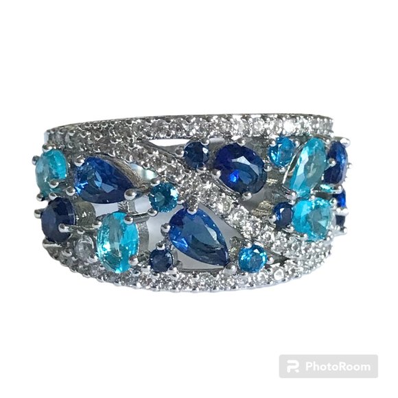 Sapphire Cocktail Ring Silver RhodiumPlated Simulated Blue Cubic Zirconia Size 7 - Picture 2 of 13
